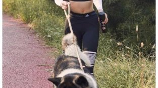 韩丹彤露脐运动、长腿锻炼腰部、遛狗成为了一幅好走的画报